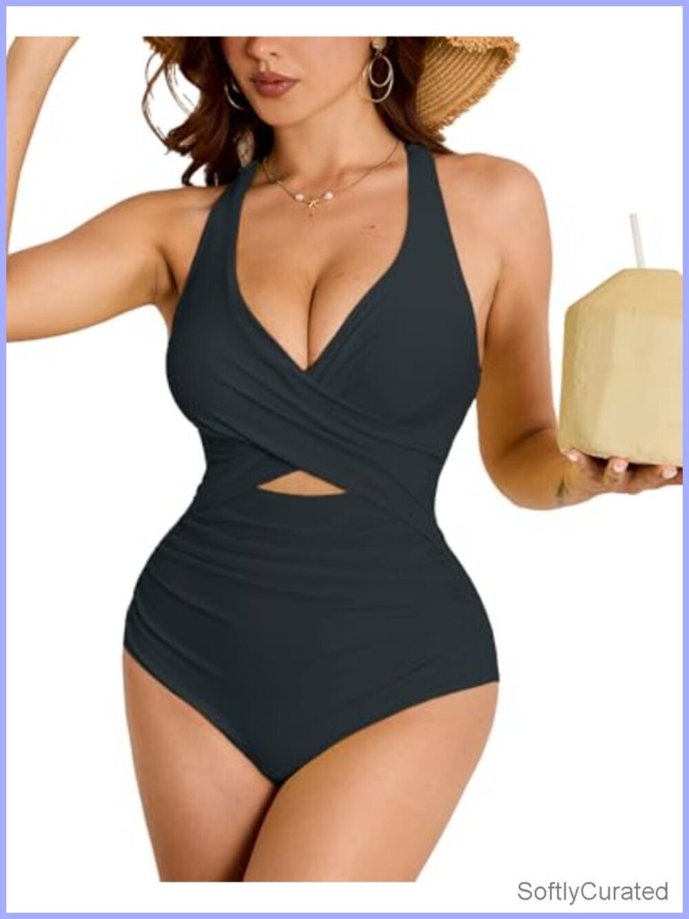 Tummy Control One Piece Swimwear with Ruched Waist Cut-Out Shapewear
